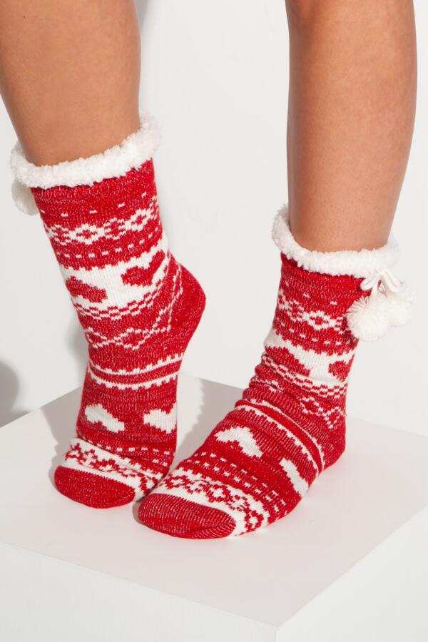 Fairisle Sparkle Knit Cosy Lined Slipper Sock - Red/White