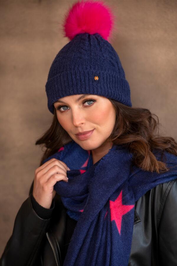 Cable Knit Contrast Pom Beanie Hat - Navy/Pink