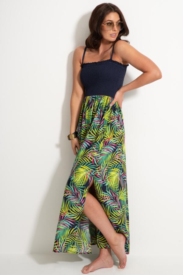Strapless Shirred Split Maxi Beach Dress - Navy Fern