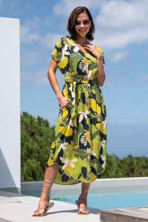 Belted Beach Kaftan Dress - Green Tropical