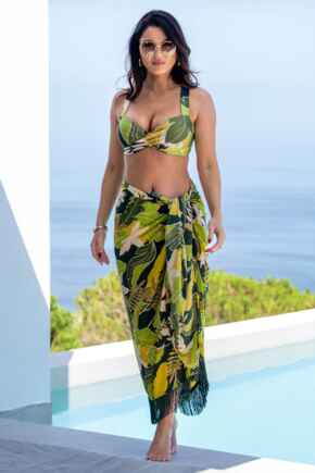 Fringe Trim Crinkle Woven Multiway Sarong - Green Tropical