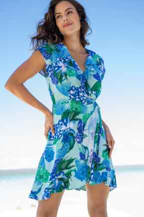 Frill Wrap Beach Dress - Aqua Tropical