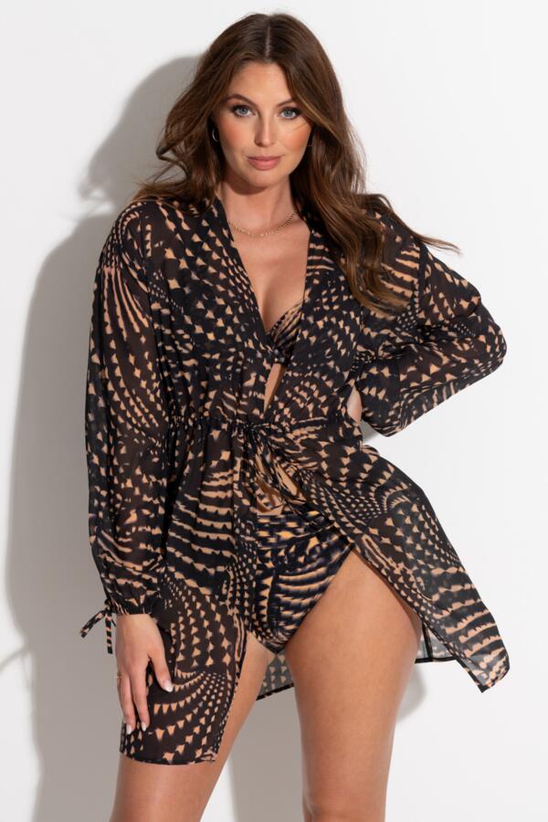 Recycled Chiffon Tie Sleeve Kimono - Gold/Black