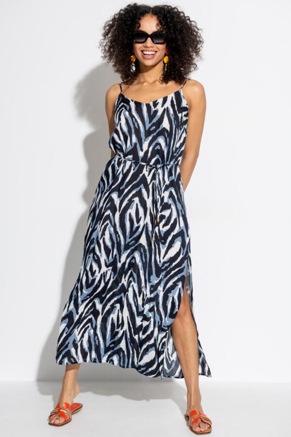 Sheer Viscose Tie Belt Maxi Beach Dress - Blue Print