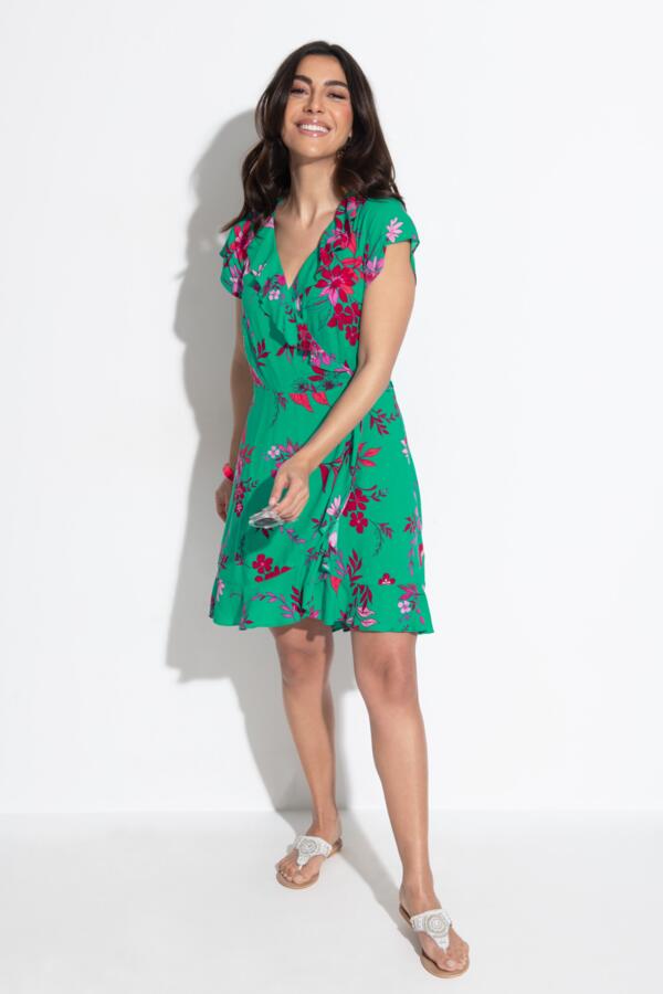 Frill Wrap Beach Dress - Green/Pink