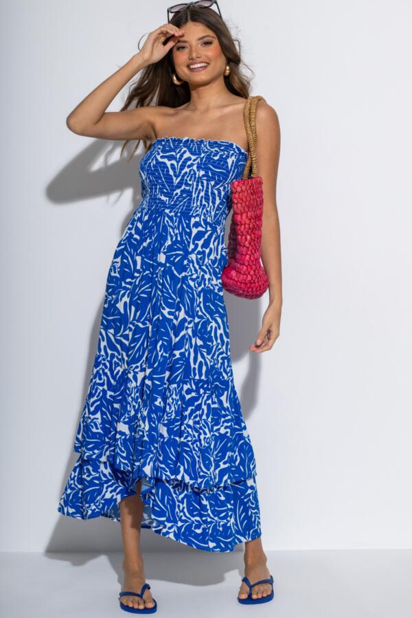Strapless Asymmetric Tiered Woven Maxi Dress